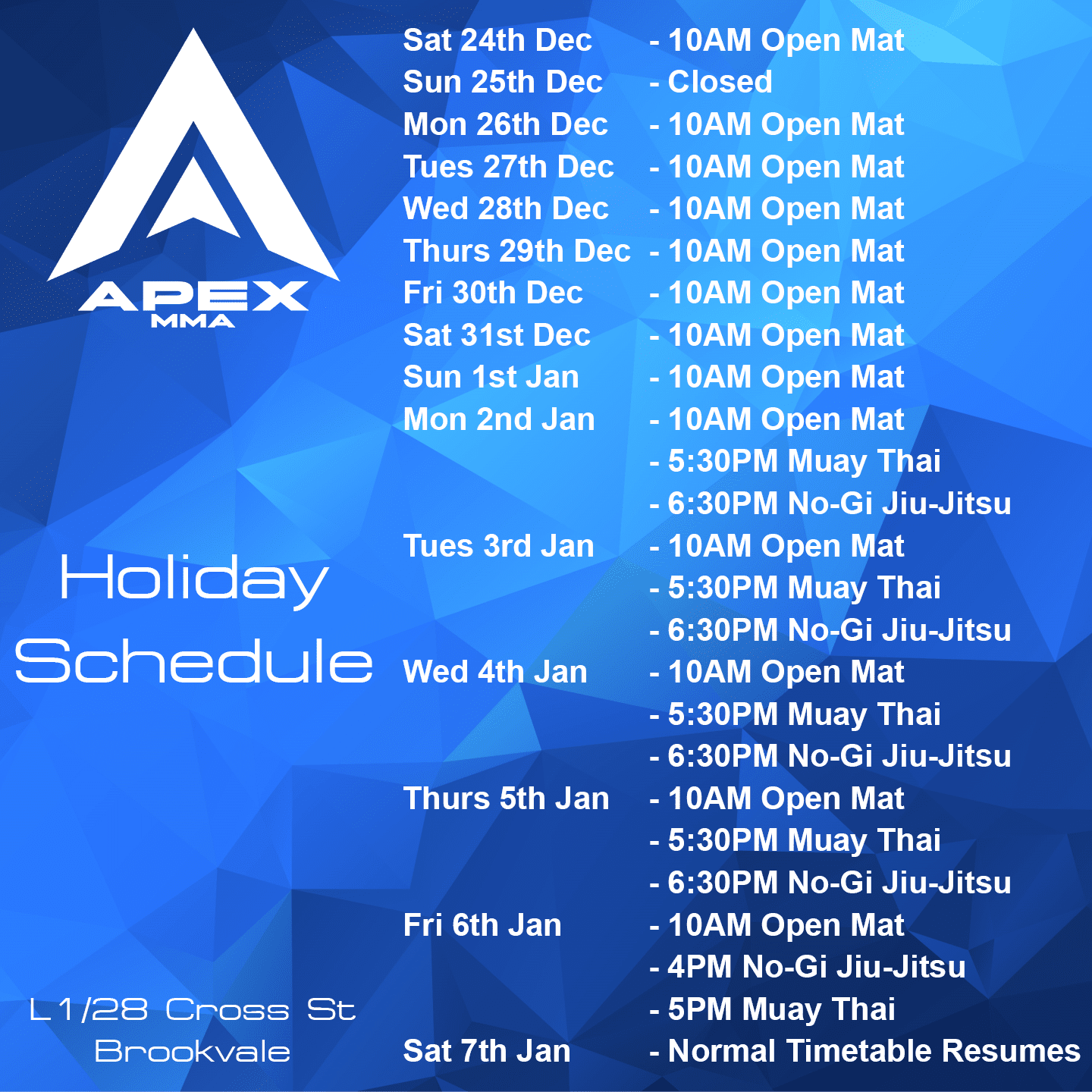 Apex MMA Brookvale 2022 Holiday Timetable